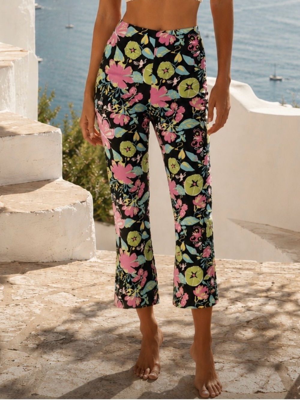 VINTAGE 90's Y2K Harold's Black Floral Cropped Cotton Pants Size 6